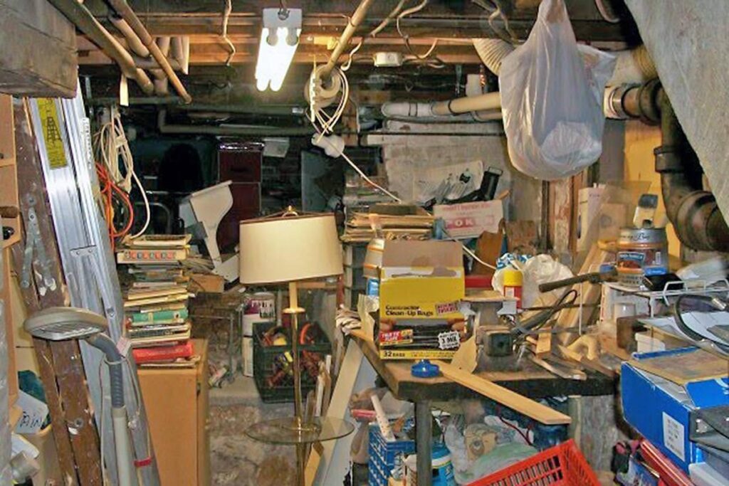 junky estate basement full of boxes furniture bags papers and more needing to be cleaned